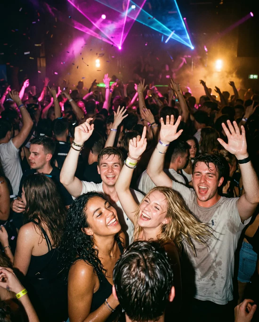 A packed late-night dancefloor at the Instant-Fogas ruin-bar club complex, hands raised toward the lights
