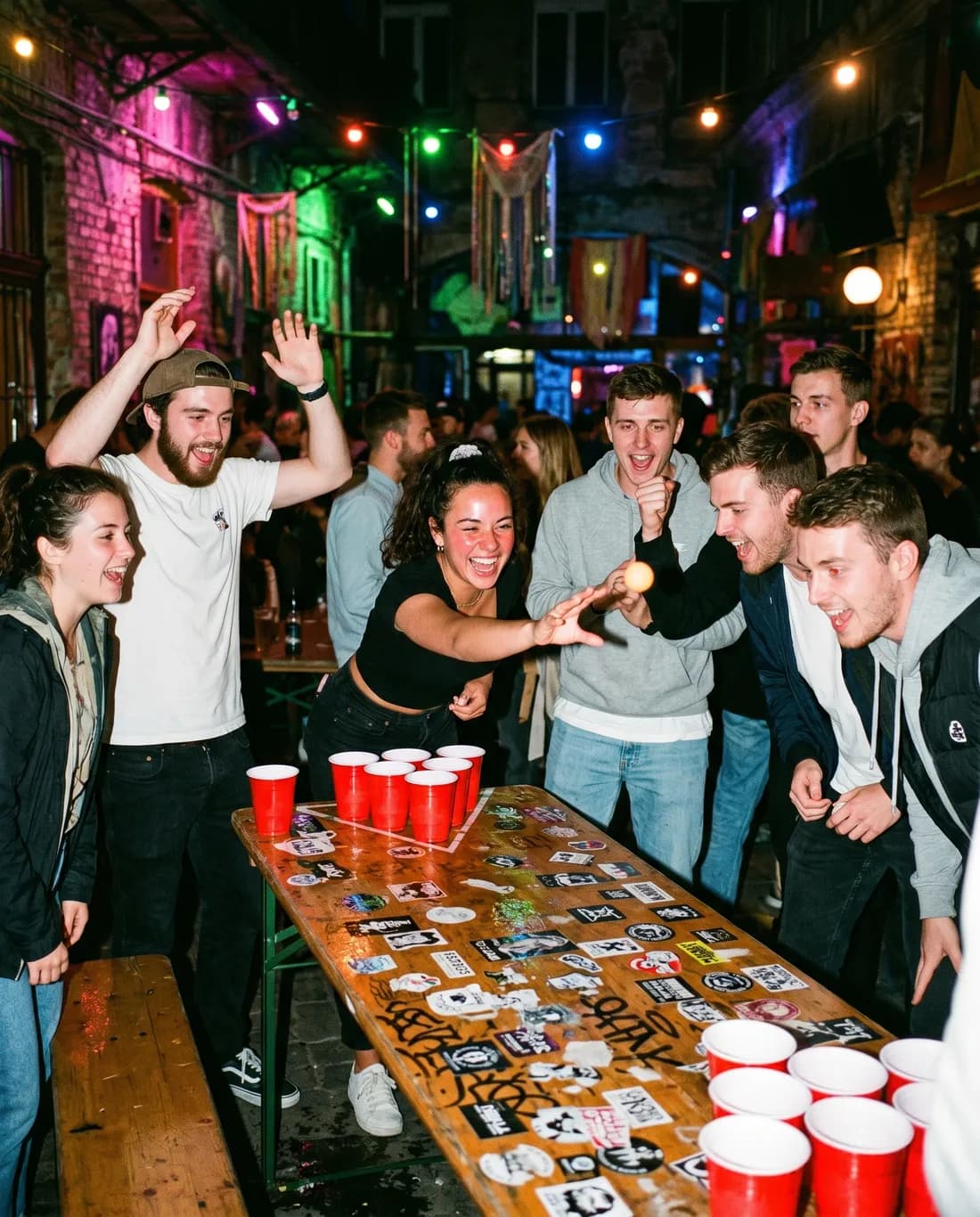 Young travellers playing beer pong around a sticker-covered table under neon light, everyone laughing