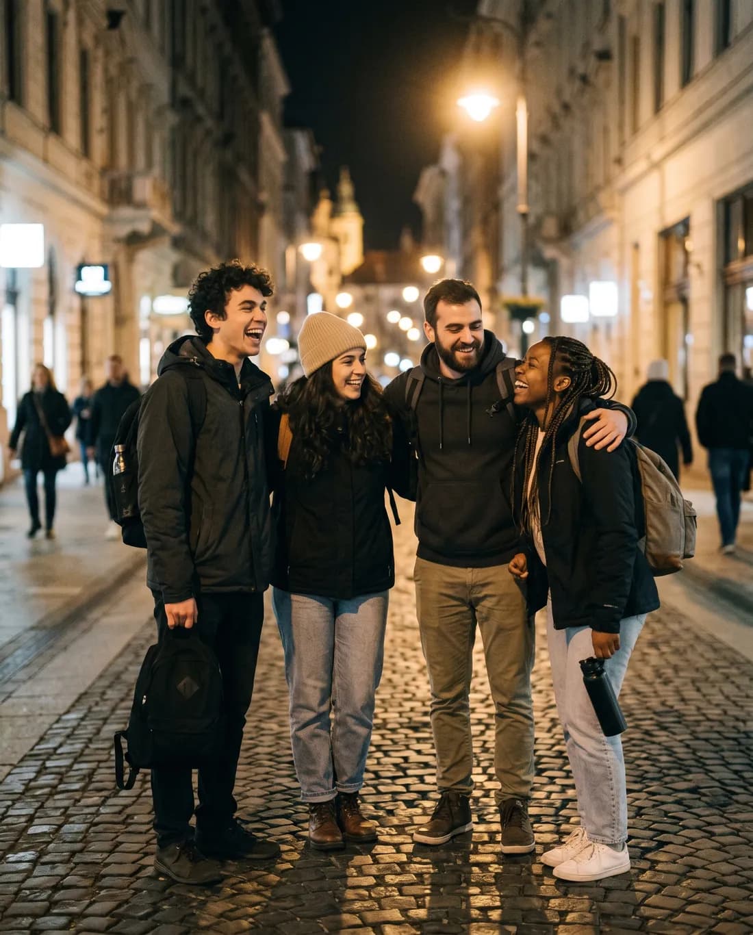 A group of travellers meeting up on a Budapest street corner at night, warm streetlight behind them