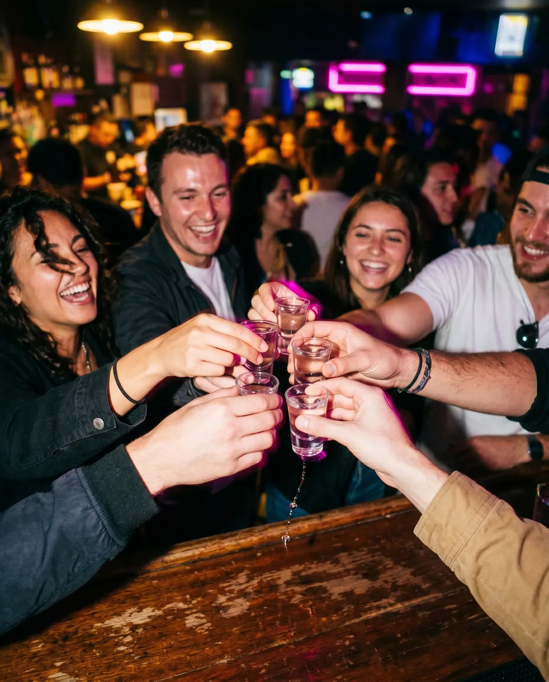 Hands clinking small welcome shot glasses together over a bar, warm light and pink neon reflections