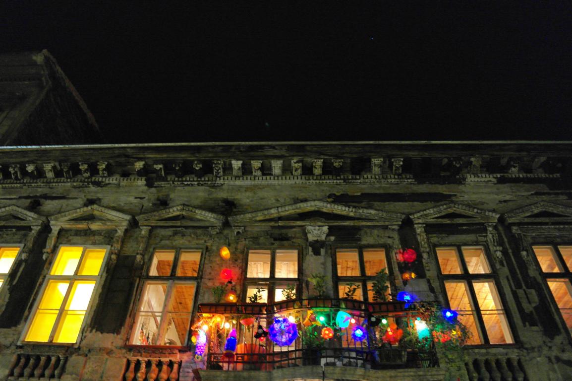 Colored lamps at balcony at Szimpla Kert Ruin Bar