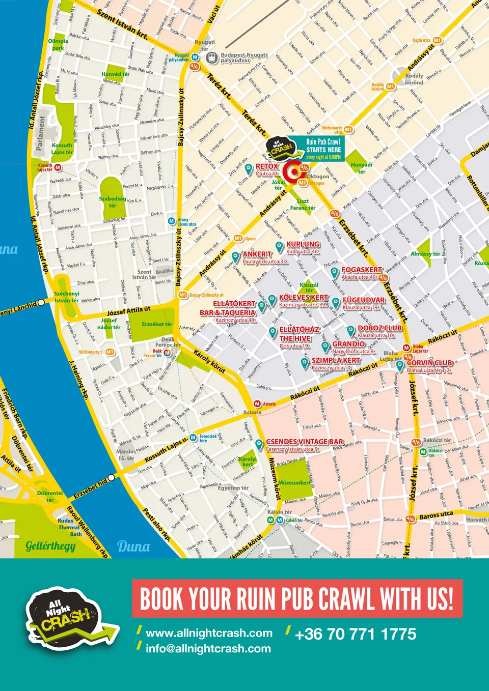 Illustrated street map of Budapest's District VII party district marking the locations of the main ruin bars along the pub-crawl route