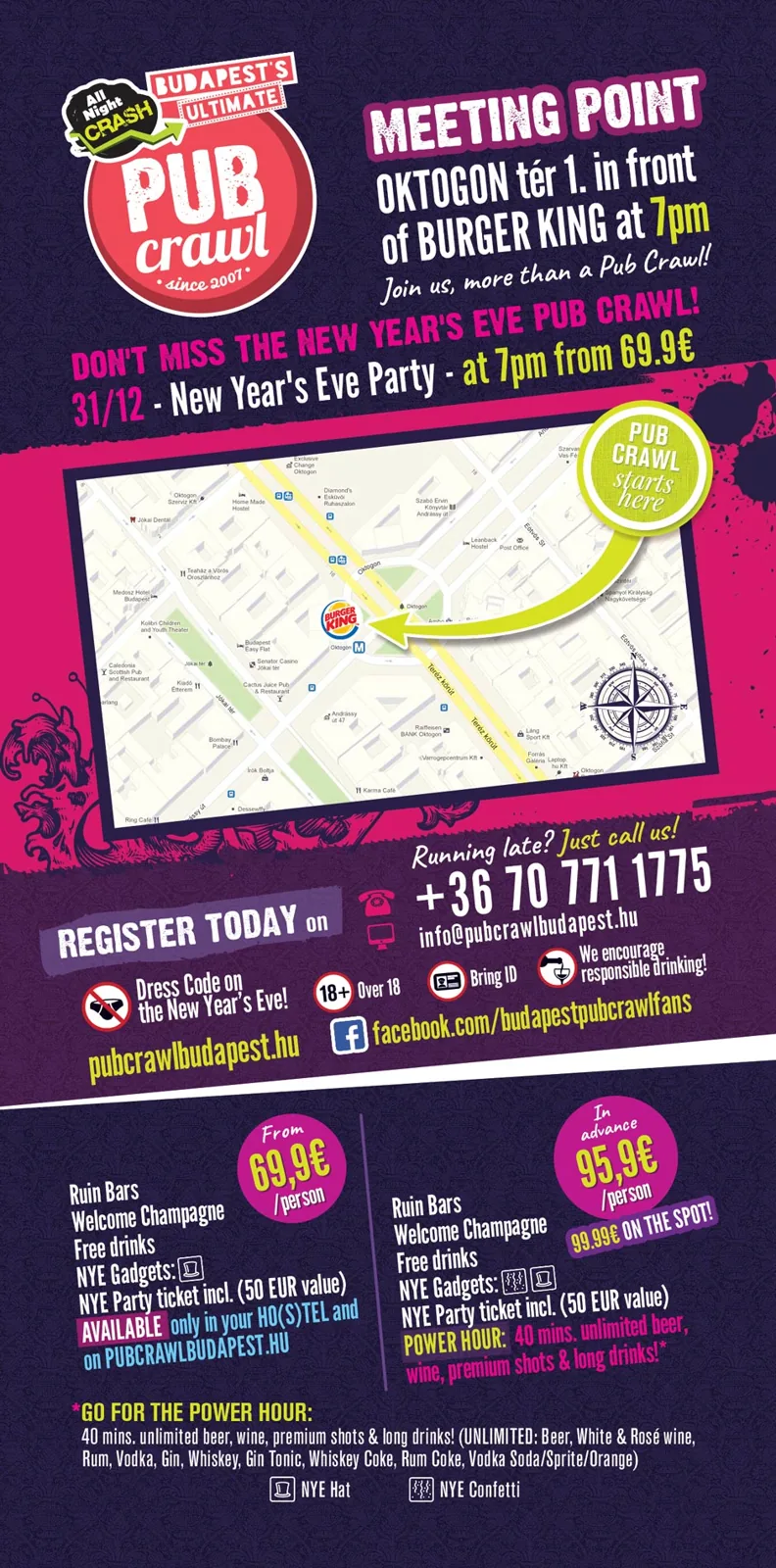 New Year's Eve pub crawl flyer (back) — meeting point at Oktogon in front of Burger King at 7pm, with pricing and booking details