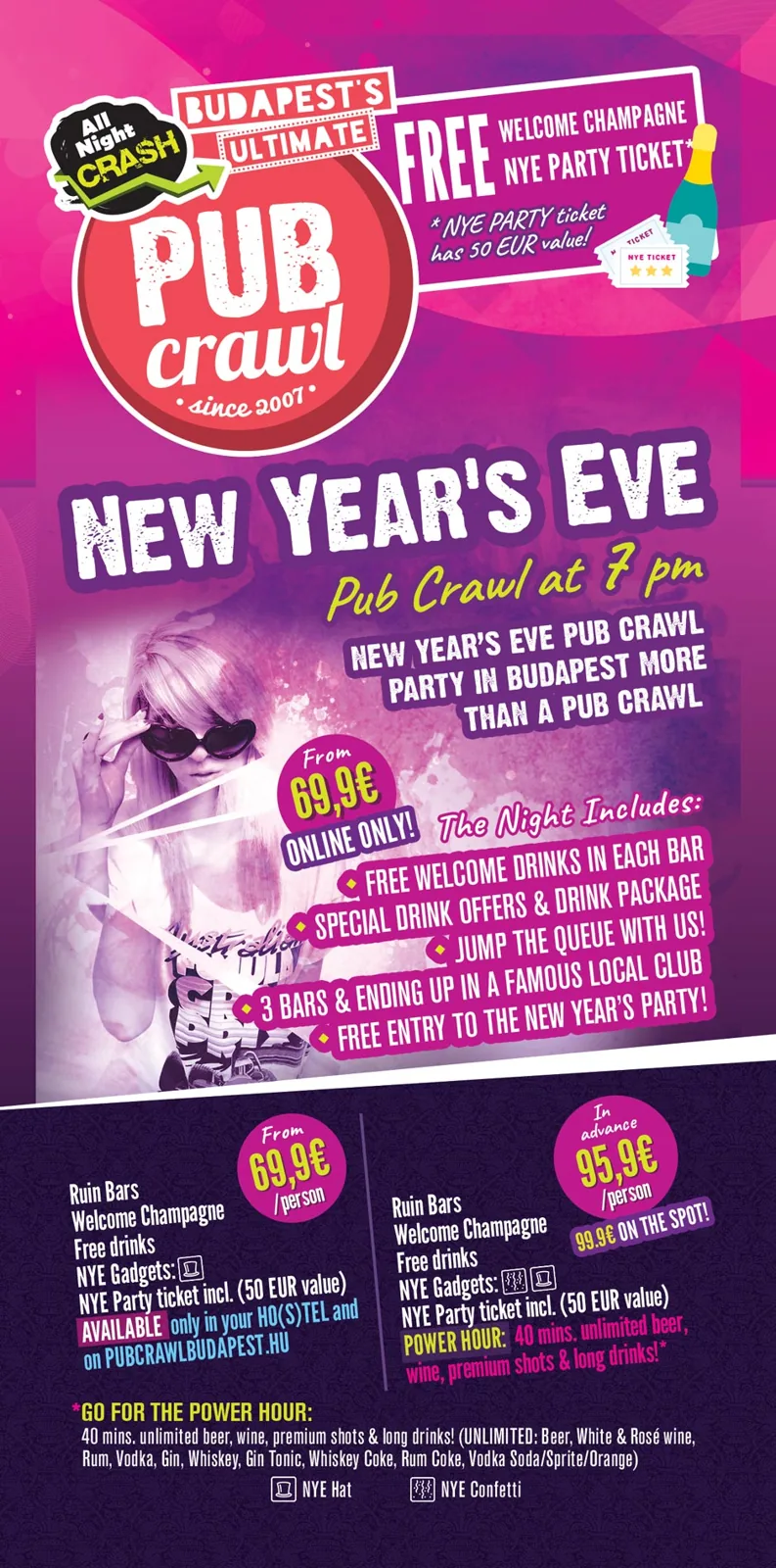 New Year's Eve pub crawl flyer — party from 7pm with free welcome champagne, drink packages and entry to a New Year's club in Budapest