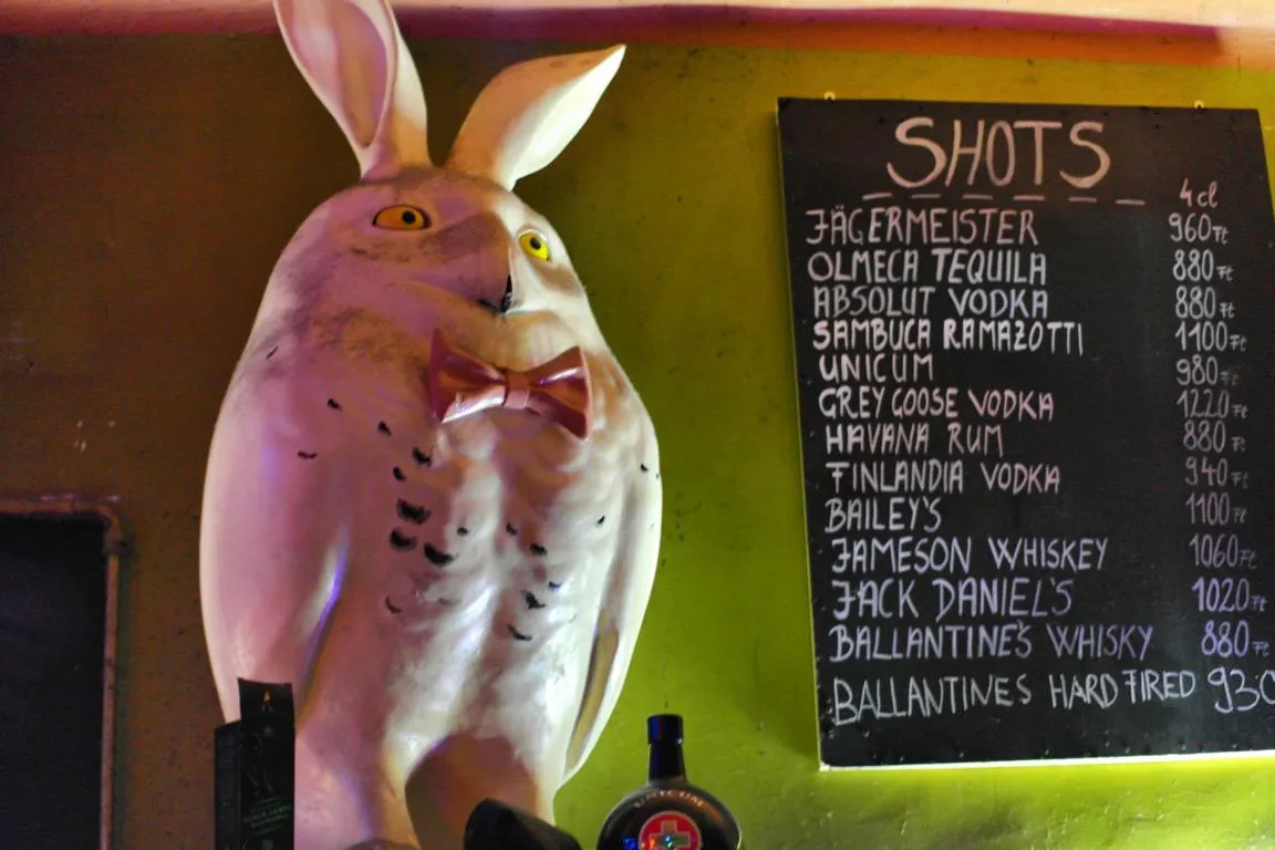 A handwritten chalkboard headed SHOTS on a green wall, listing 4 cl spirit measures with forint prices — Jägermeister 960 Ft, Olmeca tequila 880 Ft, Absolut vodka 880 Ft, Unicum 980 Ft, Grey Goose 1,220 Ft — next to a large white rabbit sculpture wearing a pink bow tie